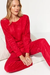 Red Polka Dot Fleece Winter Knitted Pajamas Set