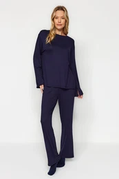 Navy Blue Slit Detailed Tshirt-Pants