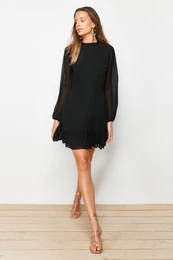 Black A-Line Ruffle Detailed Stand Collar Mini Lined Chiffon Woven Winter Dress