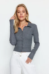 Anthracite Button Detailed Fitted Crop Polo Neck Ribbed Flexible Knitted Blouse