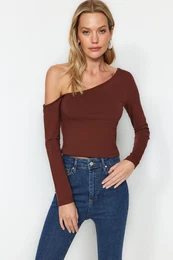 Brown One-Shoulder Cotton Slim Fit Crop Knitted Blouse