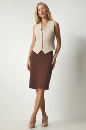 Happiness stanbul Women's Brown Slit Steel Knitted Skirt