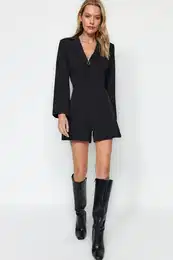 Black Belted Jacket Collar Zipper Detailed Mini Woven Overalls