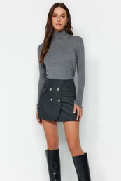 Black Button Detailed Woven Shorts Skirt