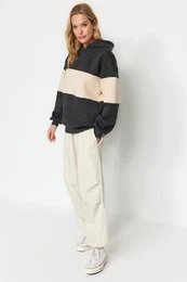 Anthracite Thick Fleece Interior Color-blocked Oversize/Wide Fit Hooded Knitted Sweatshirt