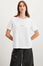 Glenda Women's Embroidered Regular Fit 100% Organic Cotton Knitted Crew Neck White T-shir