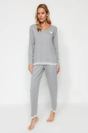 Gray Heart Embroidered Lace Detailed Cotton Tshirt-Pants Knitted Pajamas Set