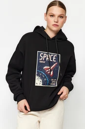 Black Thick Inside Fleece Space Printed Oversize/Wide Cut Knitted Sweatshirt