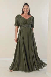 Plus Size dolga obleka Chiffon z V-vratom sprednji oblečeni pas in podložen spredaj zadaj