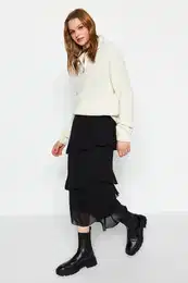 Black Flounced Chiffon Fabric Midi Length Woven Skirt