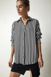 Happiness stanbul Women's Black Ecru Striped Viscose Shirt