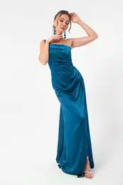 Women's Petrol One-Shoulder Satin Evening Dress & Prom Dress