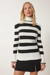 Srea stanbul enski Ecru rni Turtleneck Ruffle Striped pletenina pulover
