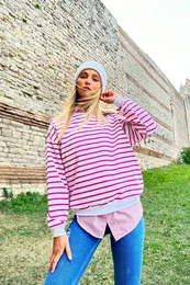 Trend Alaat Stili Dmsk fuchsiov-bl pruhovan seznn oversized mikina s kulatm vstihem