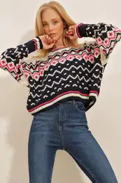 Trend Alaat Stili enska mornarsko plava posada vrat etnikog uzorka crop pletenina demper