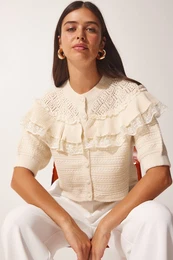 Happiness stanbul Women's Cream Lace Detail Frilly Knitwear Cardigan