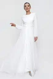 By Sayg Lined Long Chiffon Dress Ecru with Gathered Waist Belt