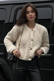 Beige Buttoned Boucle Knitwear Cardigan