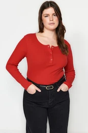 Curve Red Pool Collar Snap Detail Knitted Crop Plus Size Blouse