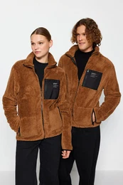 Black Unisex Regular/Real Fit High Neck Zippered Plush Cardigan-Sweatshirt