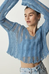 tst stanbul Dmsk svtle modr V-Neck roztrhan detaily Seznn Crop Pleten svetr