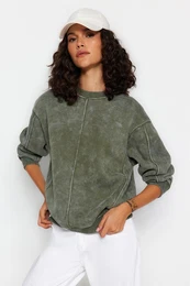 Khaki Aged/Faded Effect Thick Fleece Inside Regular/Normal Fit Knitted Sweatshirt