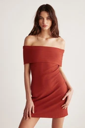 Julene Women's Stretch Ribbed Bardot Neck Bodycon Fit Midi Tile Color Dres