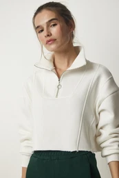 Happiness stanbul Women's Ecru Zipper Raised Crop Knitted Sweatshirt