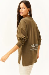 Women's Khaki Side Slit Printed Pieced Oversize Sweatshirt