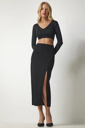 Happiness stanbul Women's Black Slit Woven Midi Skirt