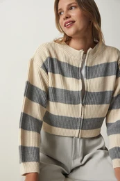 Srea Istanbul enska krema Siva Zippered rtasta pletenina Cardigan