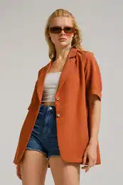 Women's Cinnamon Short Sleeve Two-Button Oversized Jacket