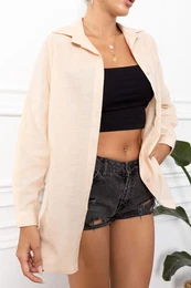 Women's Beige Striped Look Oversized Long Basic Shirt