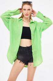 Women's Light Green Oversize Textured Linen Look Wide Cuff Shirt