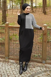 Amelya Sleeve Houndstooth Patterned Knitwear Dress - Black