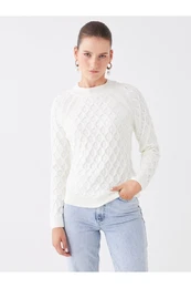 Crew Neck Self-Patterned Long Sleeve Women's Knitwear Sweater