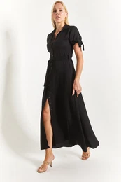 Women's Black Tied Sleeve Belted Waist Shirt Dress