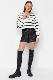 Ecru Polo Neck Striped Thick Regular/Normal Fit Knitted Sweatshirt