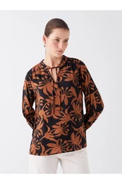 Tie Collar Patterned Long Sleeve Women's Blouse