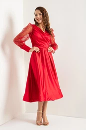 Women's Red Double Breasted Collar Glitter Midi Satin Evening Dress