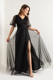 Women's Black Balloon Sleeve Silvery Long Evening Dress