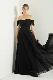 Women's Black Boat Neck Draped Slit Long Silvery Evening Dress