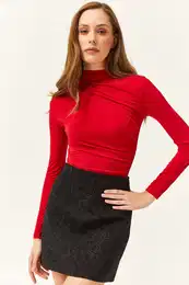 Women's Red High Neck Gathered Detailed Lycra Blouse