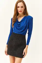 Women's Saxe Blue Waistband Pleated Turndown Collar Blouse