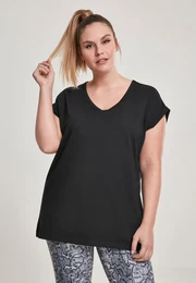 Women's T-shirt with round V-neck with extended shoulder black