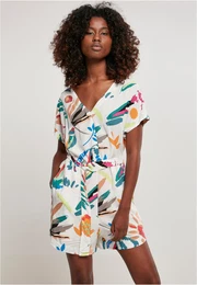Women's jumpsuit with a short viscose belt in white sandy fruit color