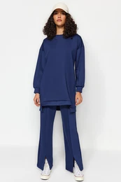 Navy Blue Oversize Slit Detailed Scuba Tunic-Pants Knitted Bottom-Top Set