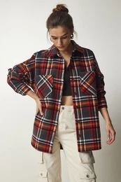 Happiness stanbul Women's Gray Red Patterned Oversize Cashmere Lumberjack Shirt