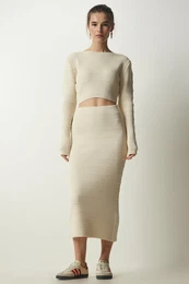 Happiness stanbul Women's Cream Ribbed Crop Knitwear Sweater Skirt Set