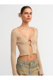 60134 U-Neck Front Accessories Knitwear Cardigan-beige